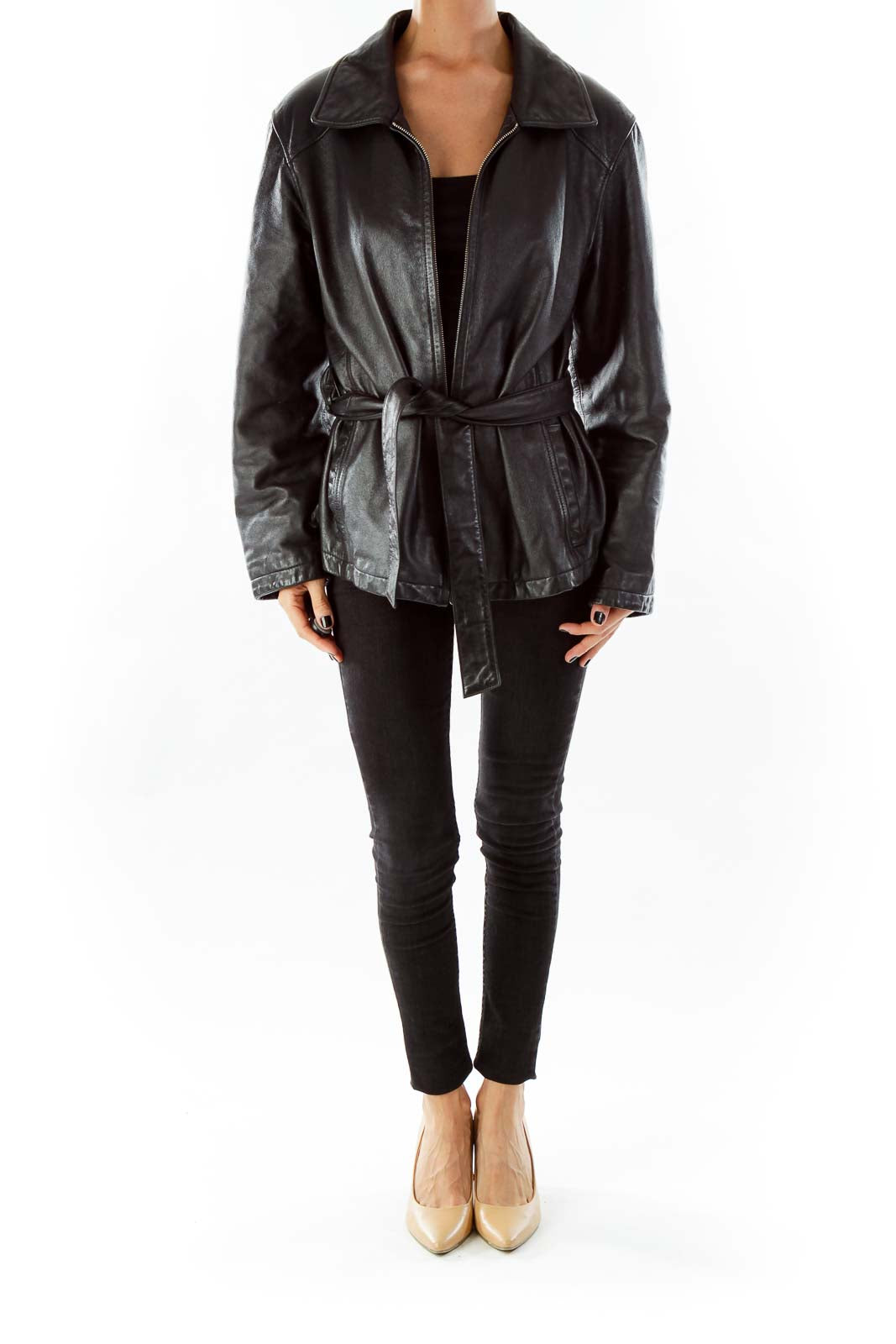 Black Leather Zippered Coat