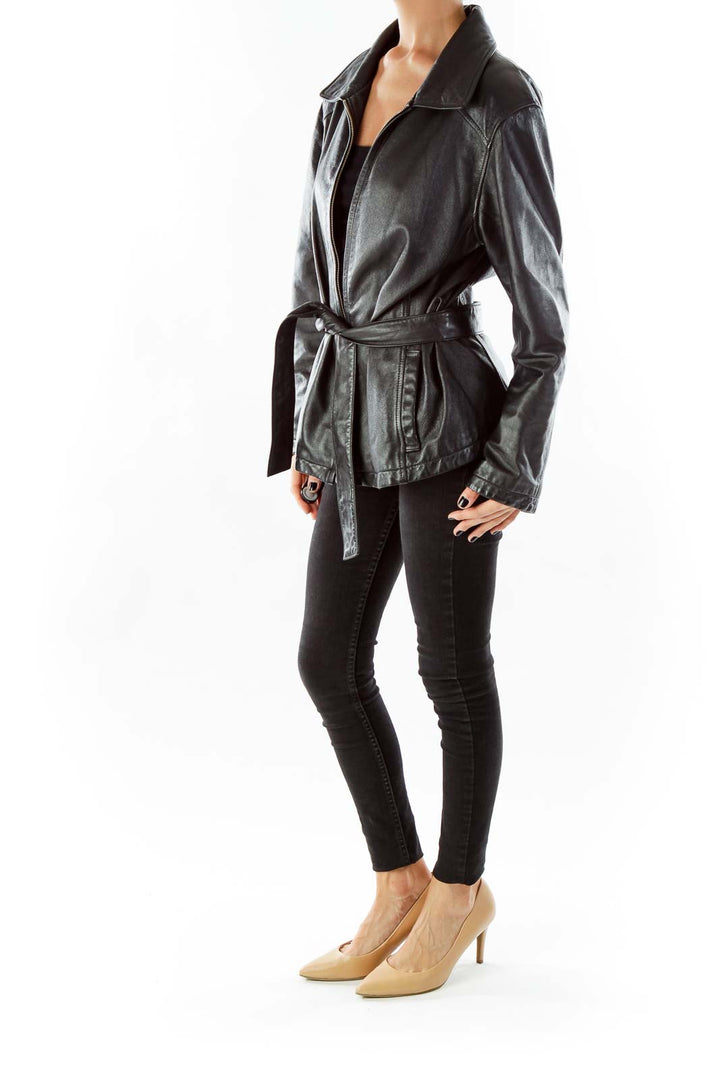 Black Leather Zippered Coat