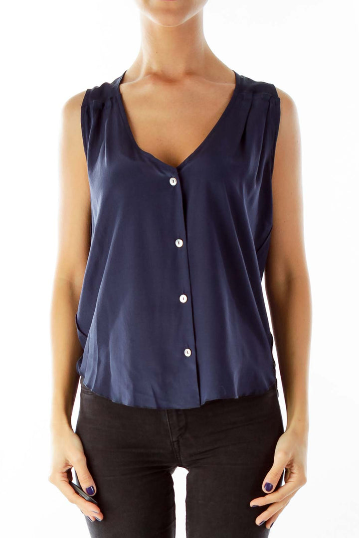 Navy Button Down Sleeveless Silk Blouse