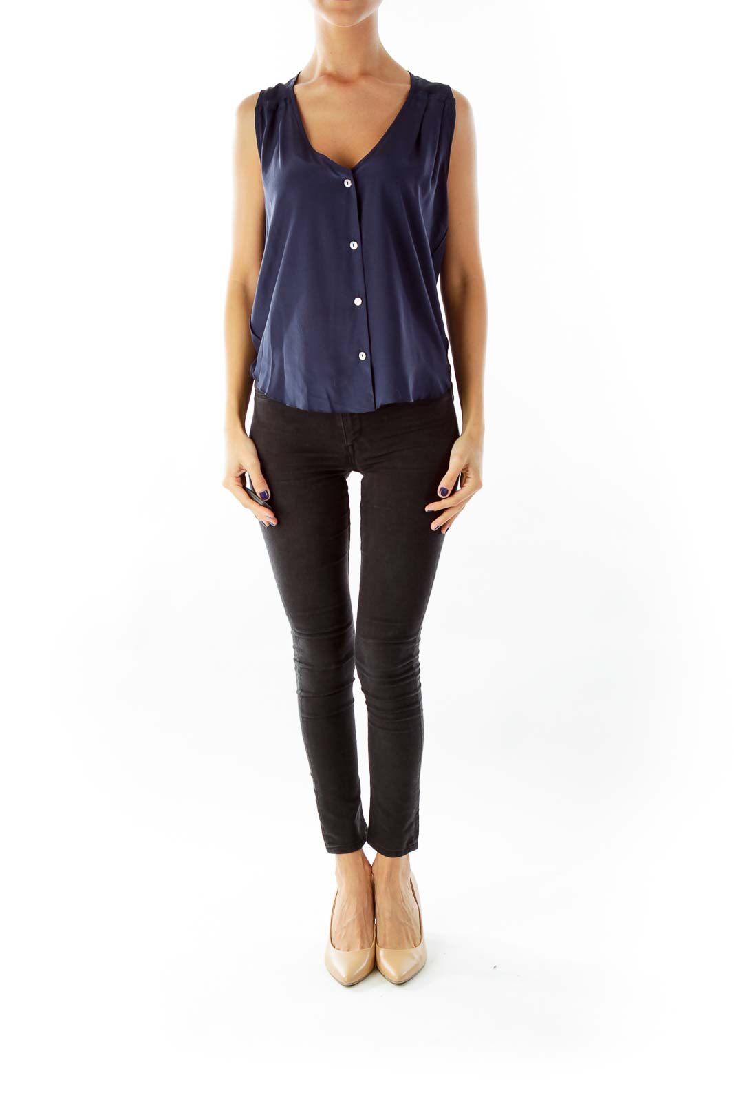 Navy Button Down Sleeveless Silk Blouse