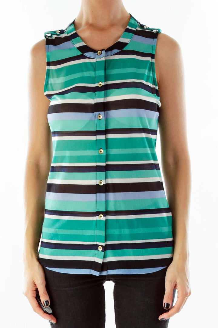 Green Blue White Striped Sleeveless Top