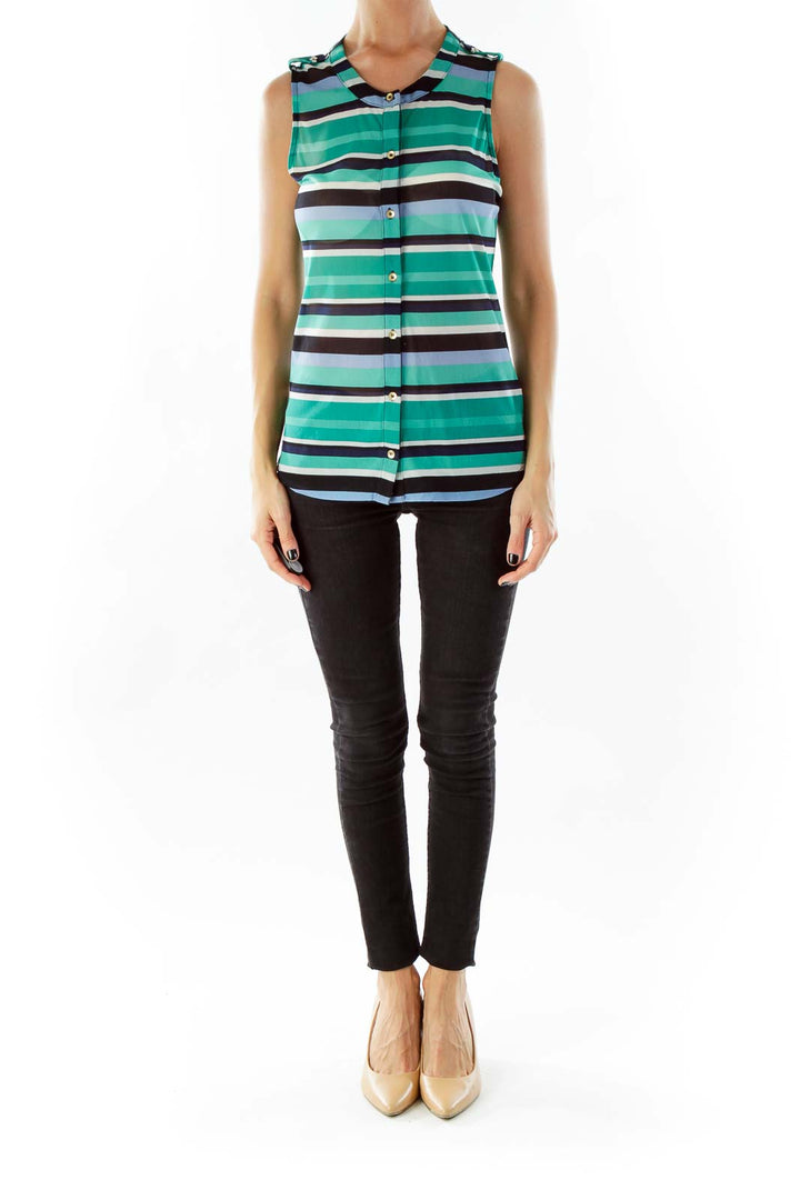 Green Blue White Striped Sleeveless Top