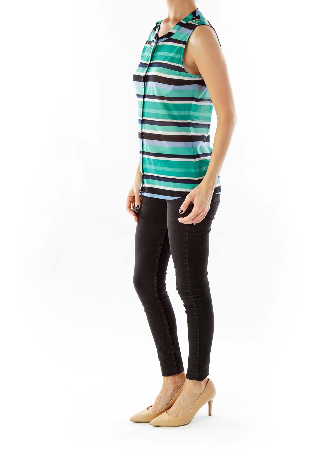 Green Blue White Striped Sleeveless Top