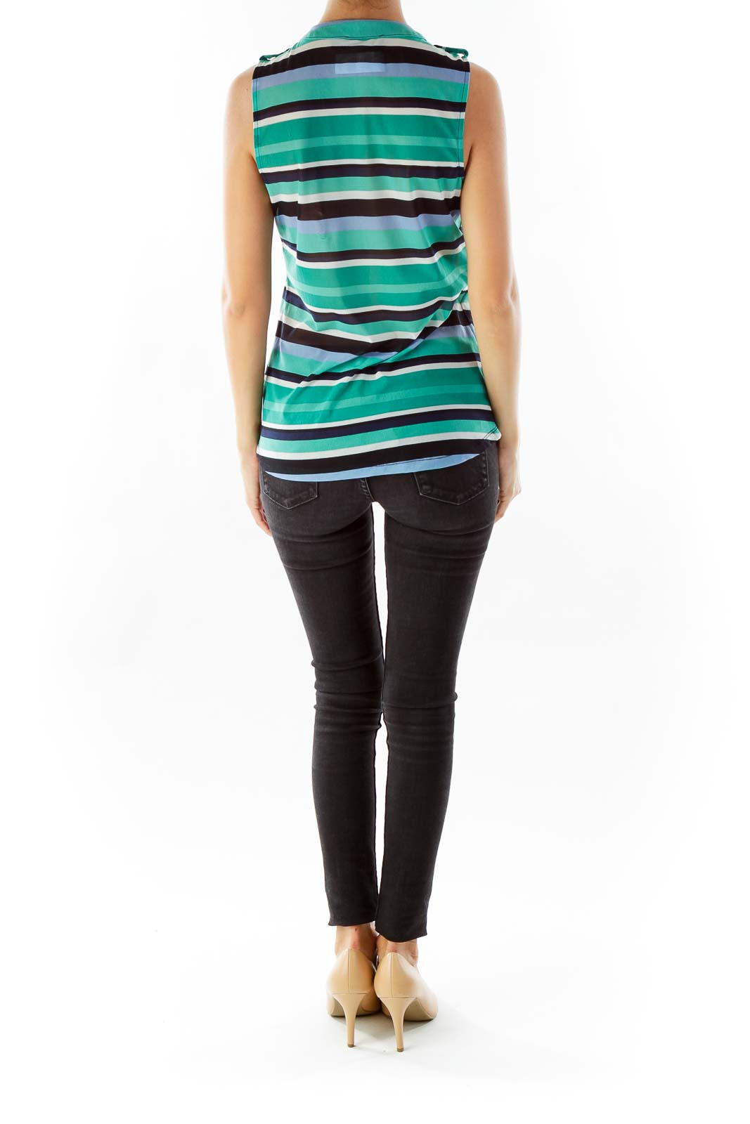 Green Blue White Striped Sleeveless Top