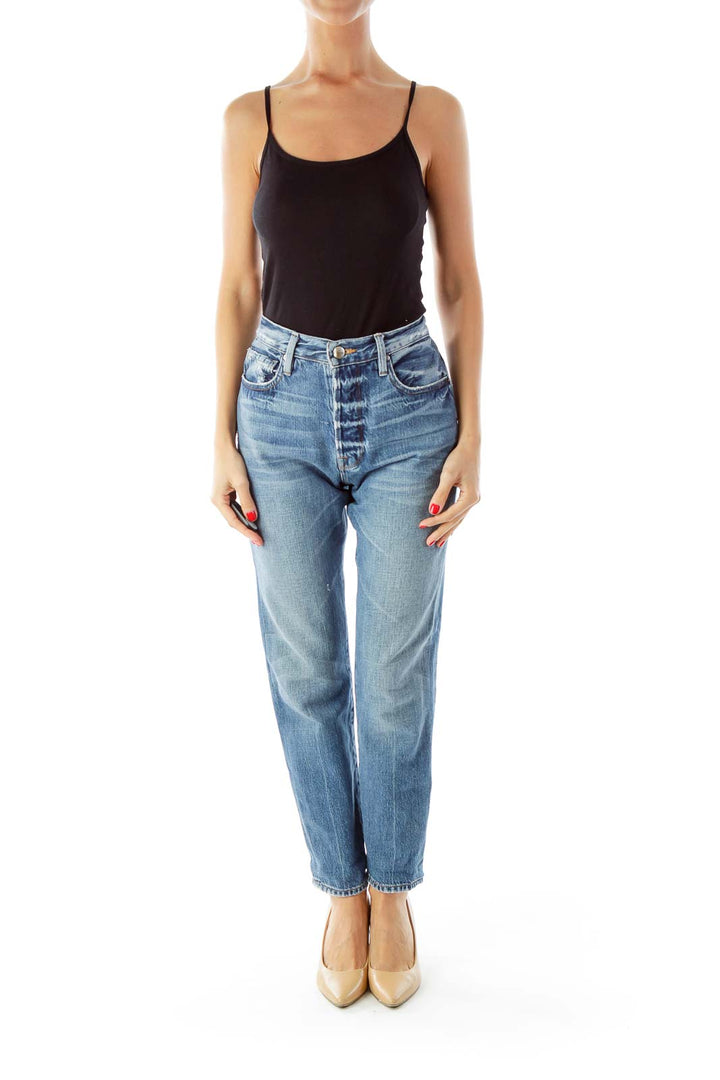 Blue Distressed High-Waist Boyfriend Jeans