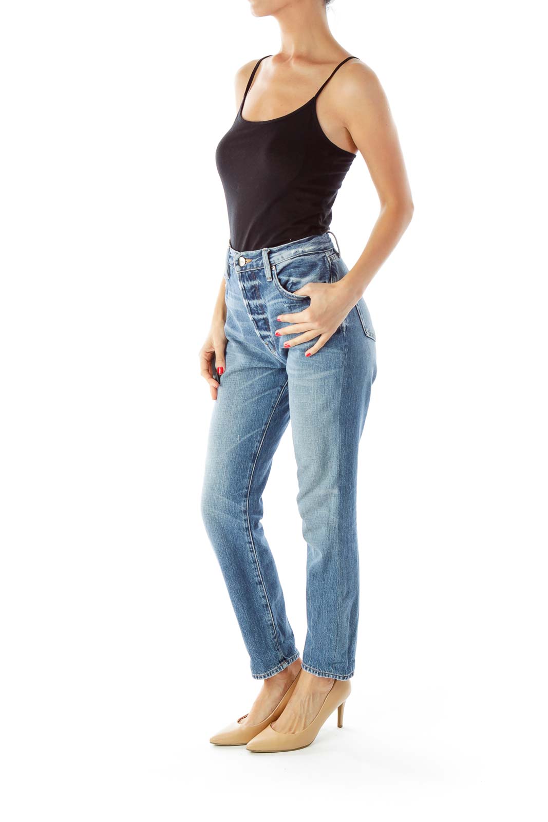 Blue Distressed High-Waist Boyfriend Jeans