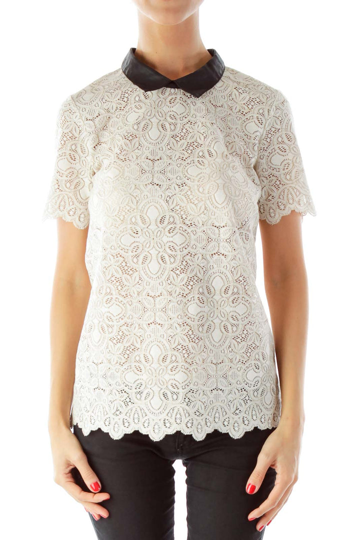 Beige Lace Blouse with Black Collar