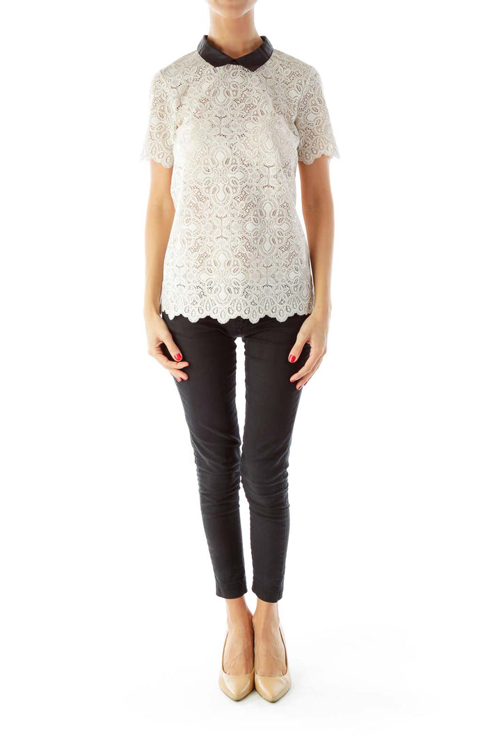 Beige Lace Blouse with Black Collar