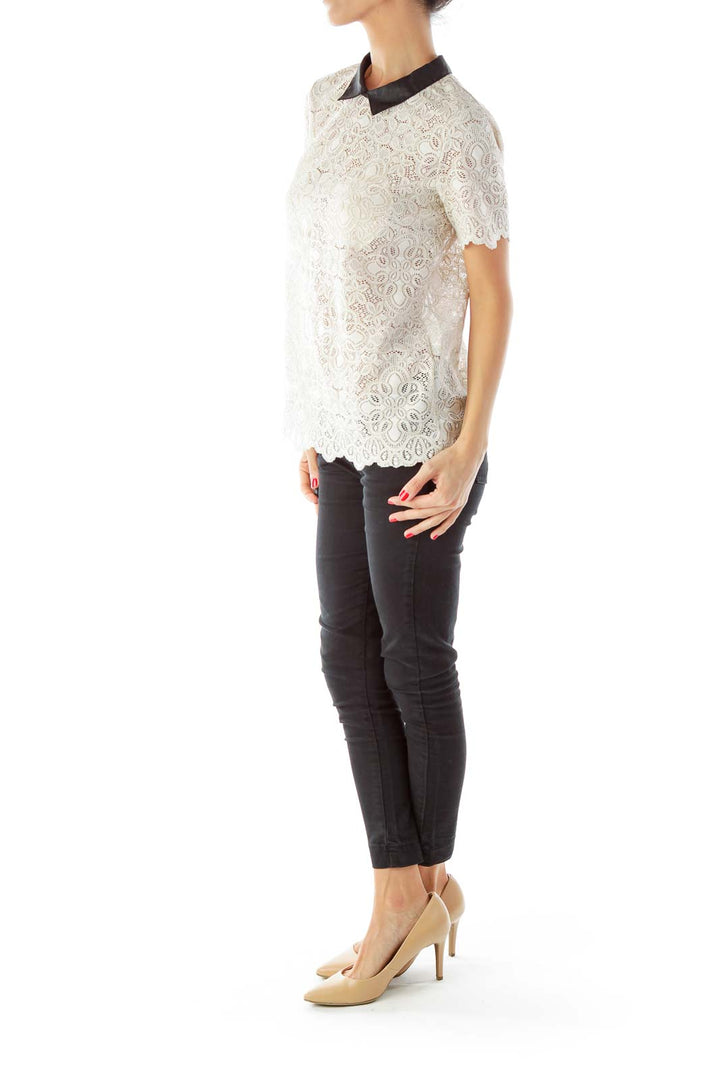 Beige Lace Blouse with Black Collar