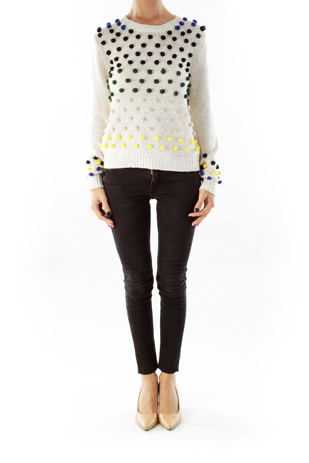 Creme Knit Sweater with Multicolor Dot Detail