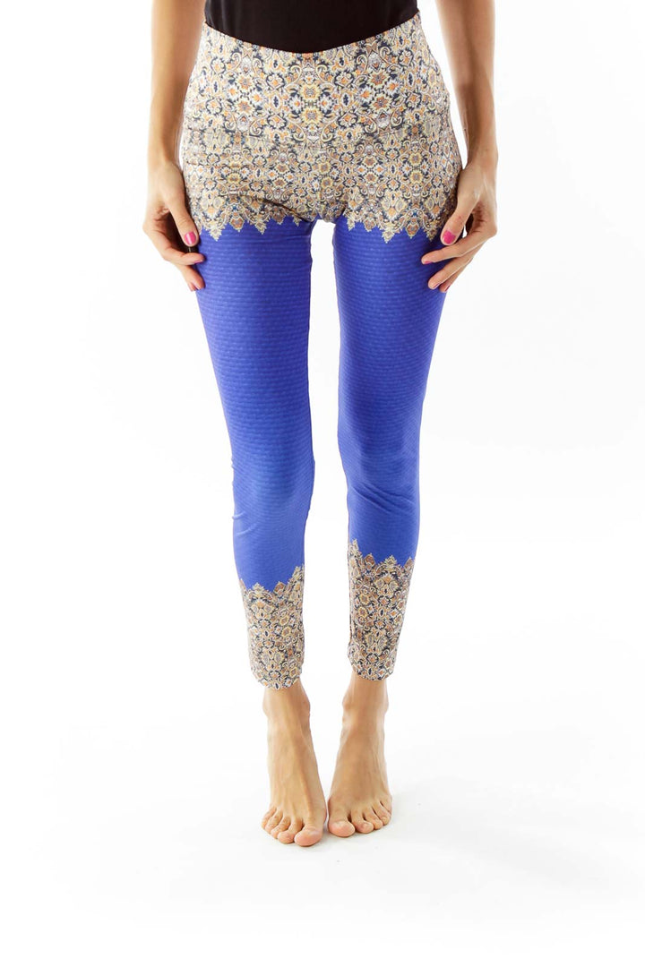 Blue Printed Cropped Yoga Pants