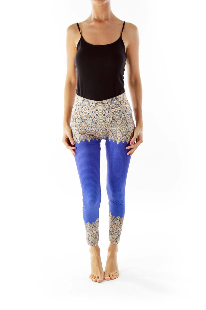 Blue Printed Cropped Yoga Pants