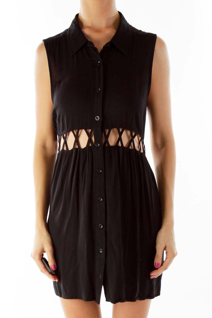 Black Button Down Day Dress with Cut-Out Waist