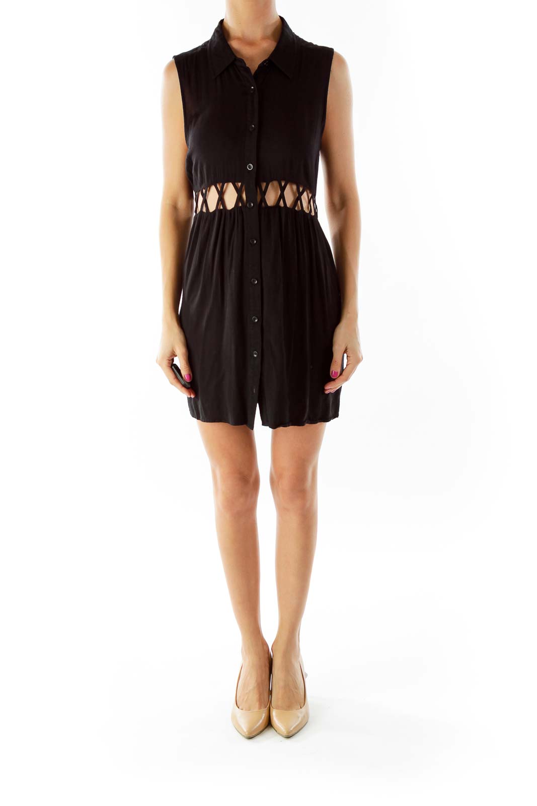 Black Button Down Day Dress with Cut-Out Waist