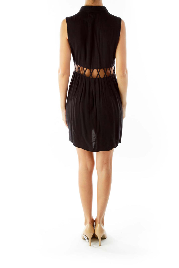 Black Button Down Day Dress with Cut-Out Waist