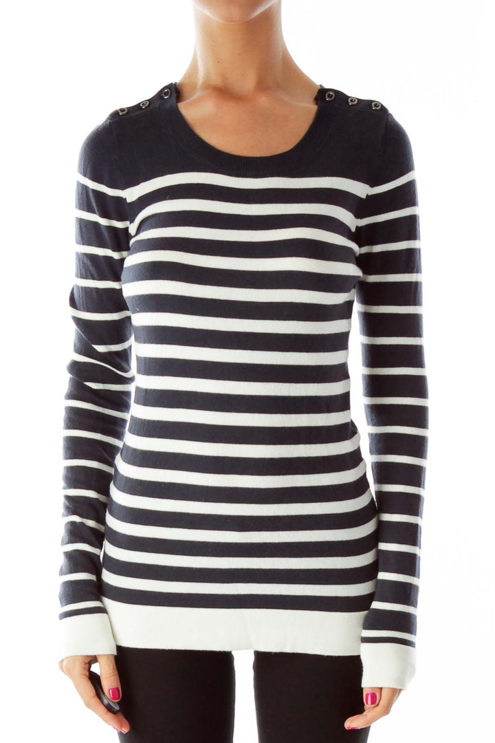 Navy White Stripped Round Neck Sweater with Button Details