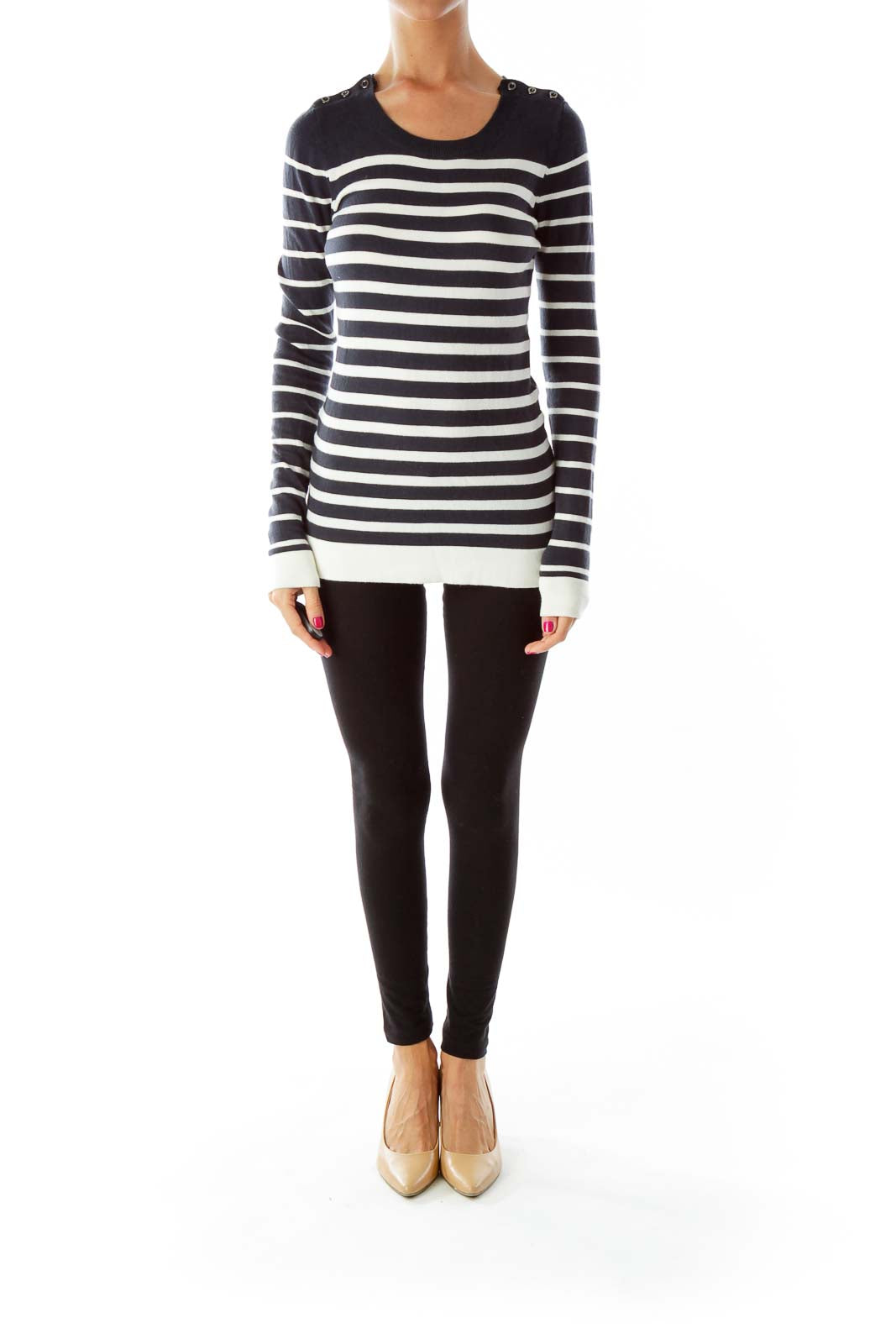 Navy White Stripped Round Neck Sweater with Button Details