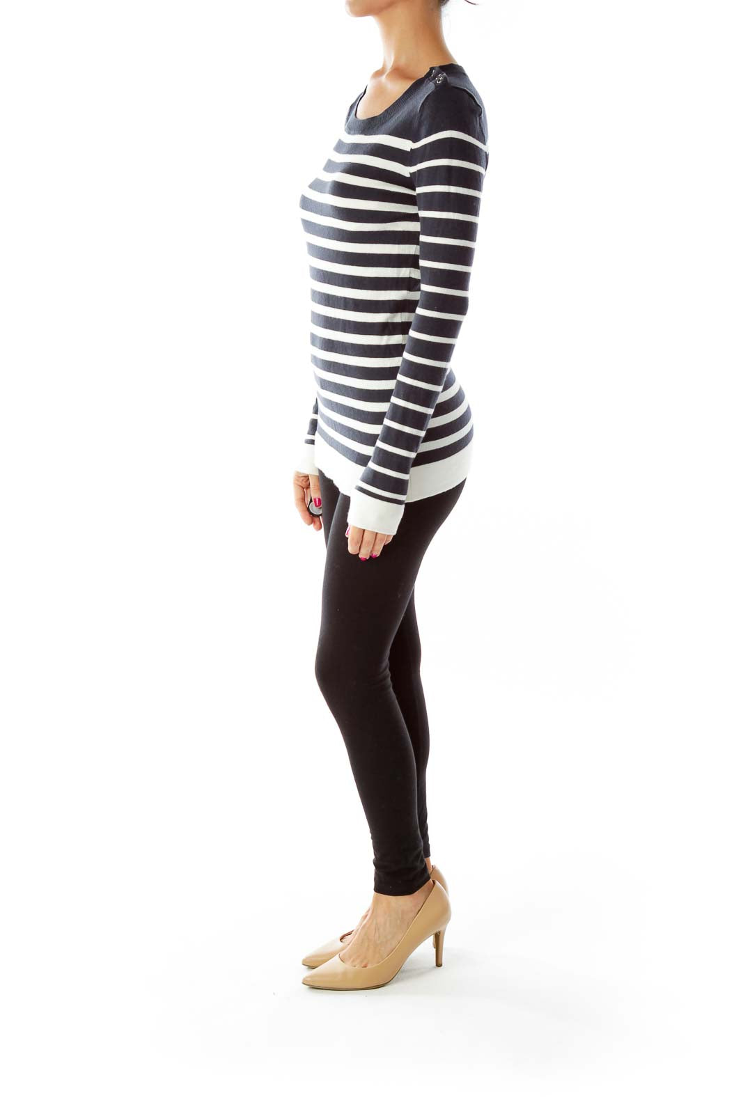 Navy White Stripped Round Neck Sweater with Button Details