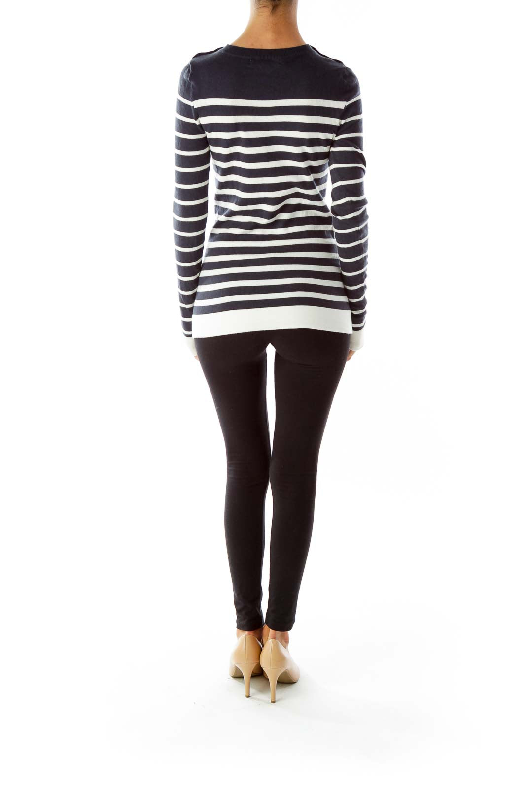 Navy White Stripped Round Neck Sweater with Button Details