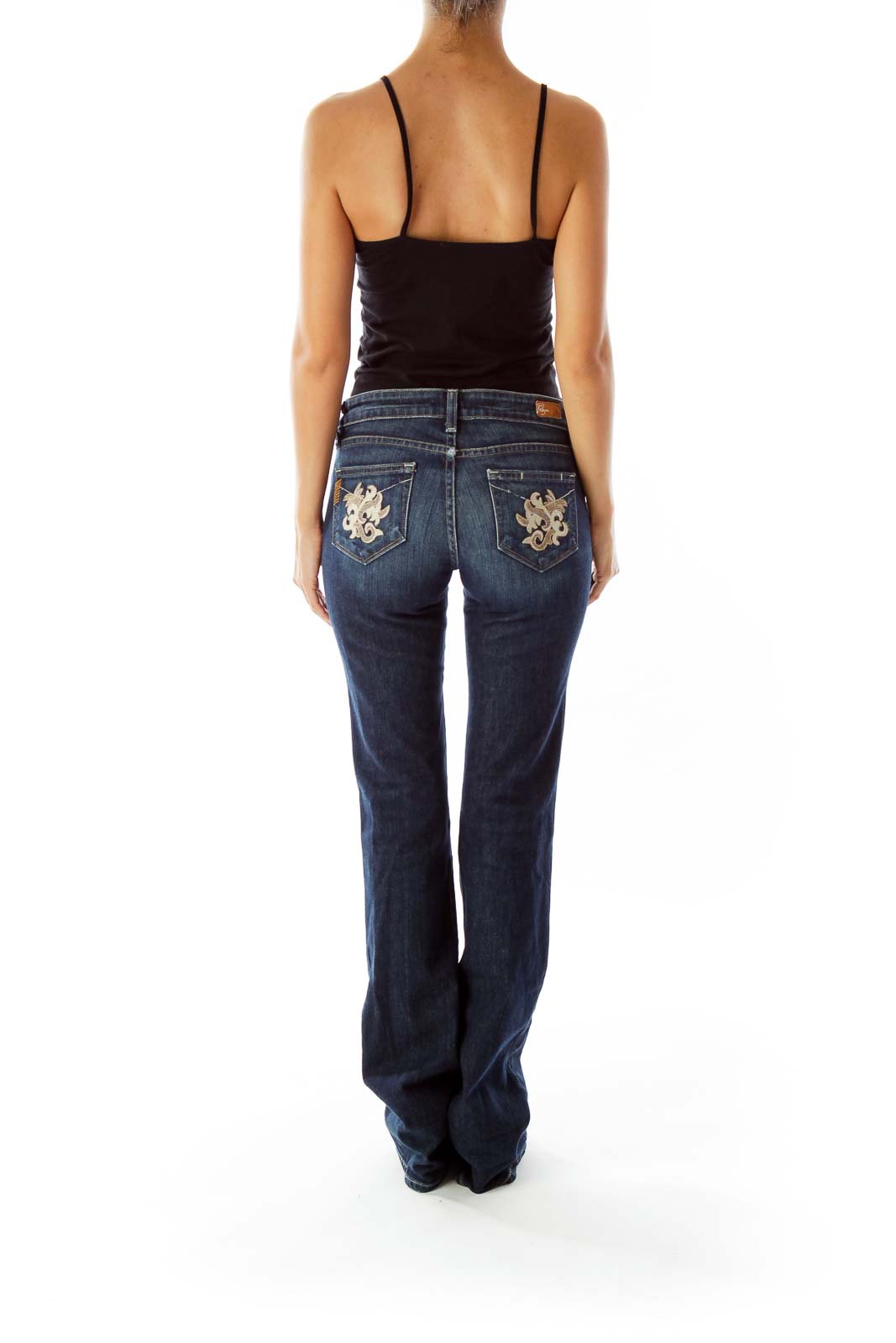 Navy Embroidered Wide-Leg Jeans