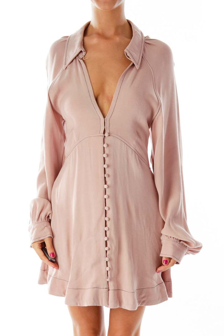 Front view of Free People blush button-front mini dress with collar