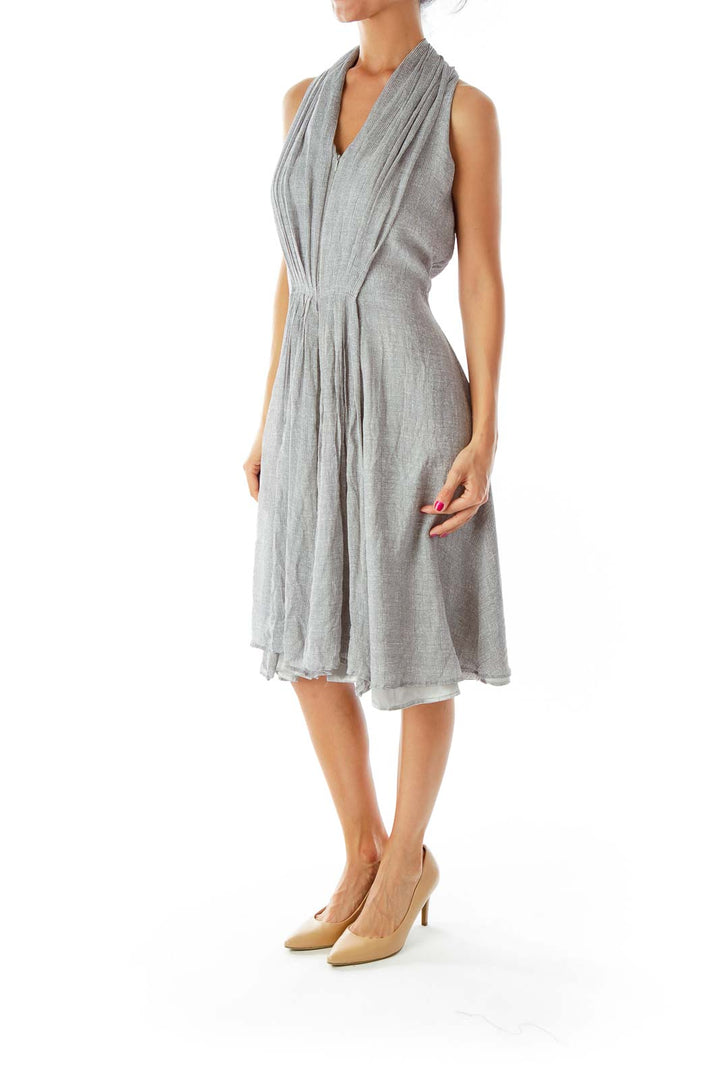 Gray Black Checkered Pleated Day Dress