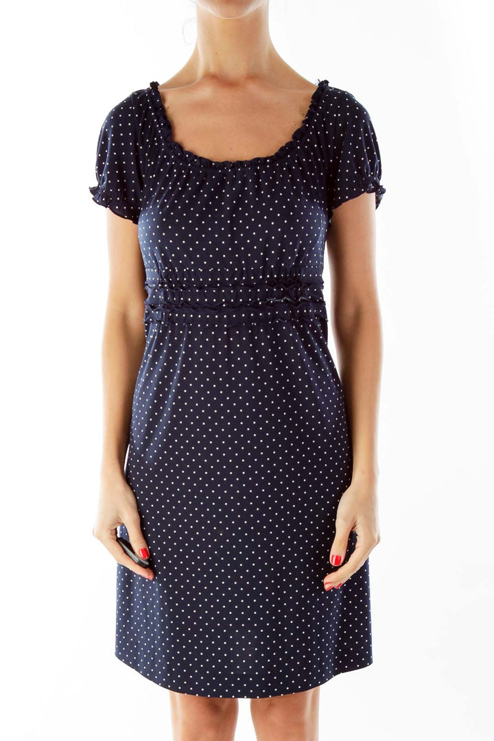 Navy White Scrunched Polka-Dot Day Dress