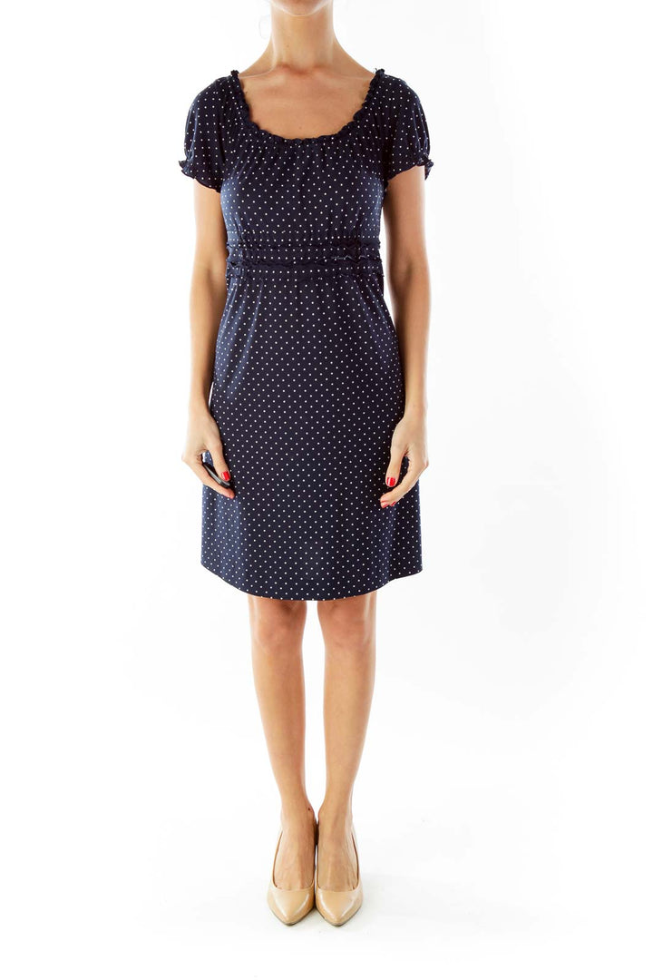 Navy White Scrunched Polka-Dot Day Dress