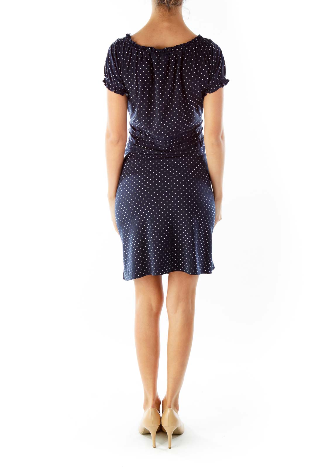 Navy White Scrunched Polka-Dot Day Dress