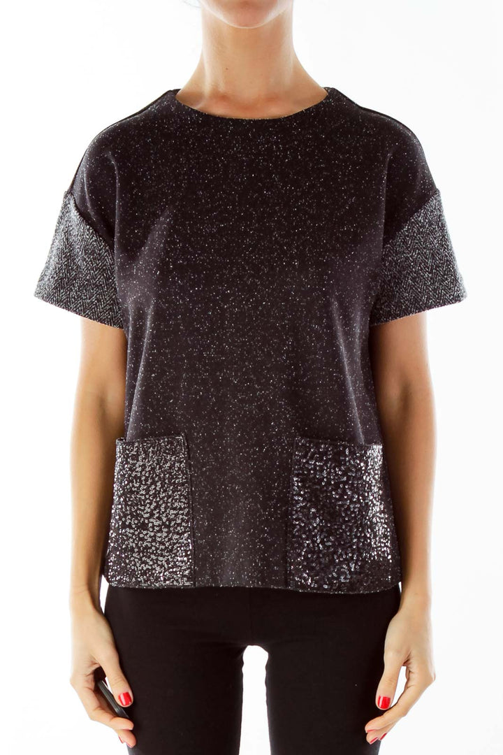 Black Gray Sequin-Pocketed Mottled Top