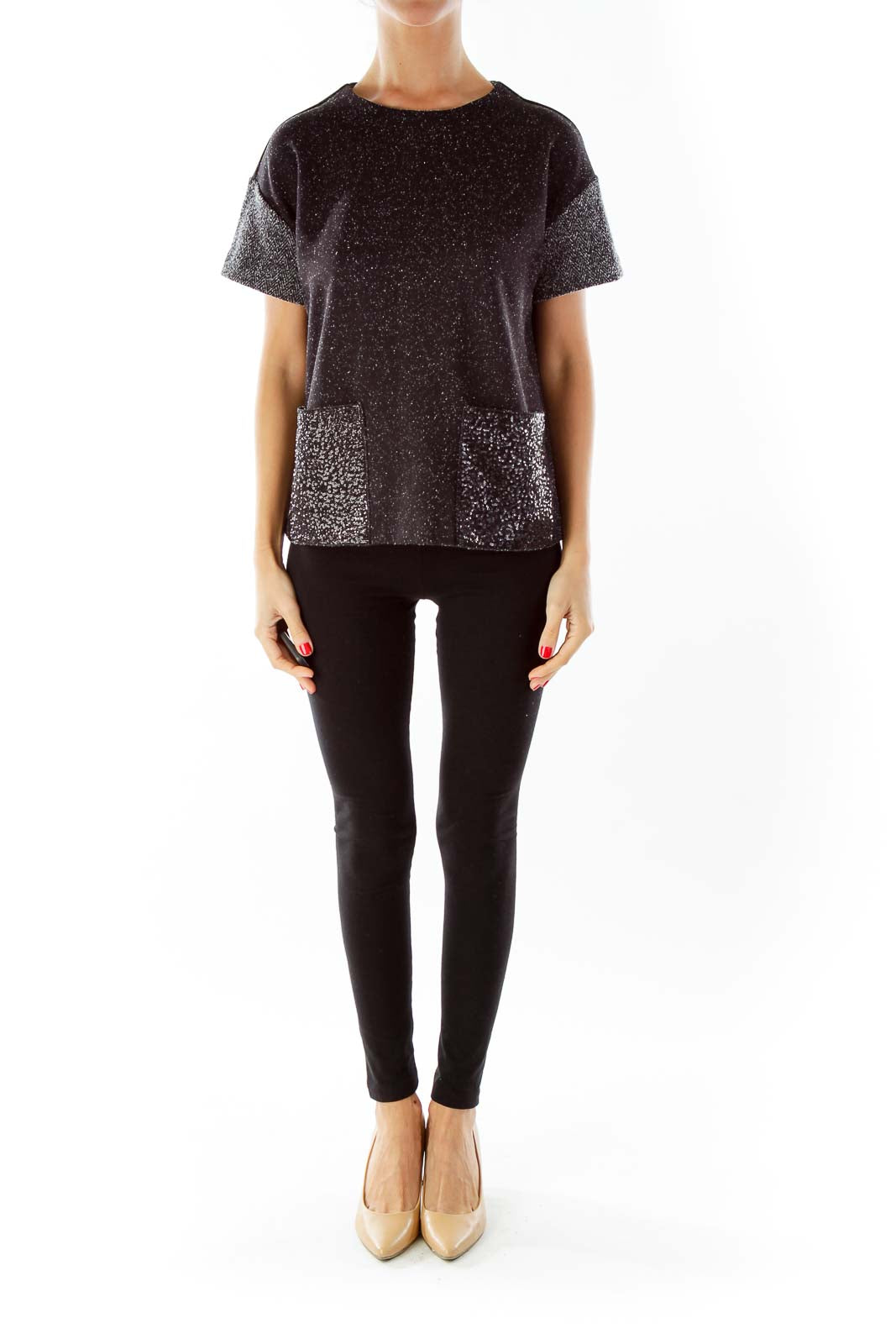 Black Gray Sequin-Pocketed Mottled Top