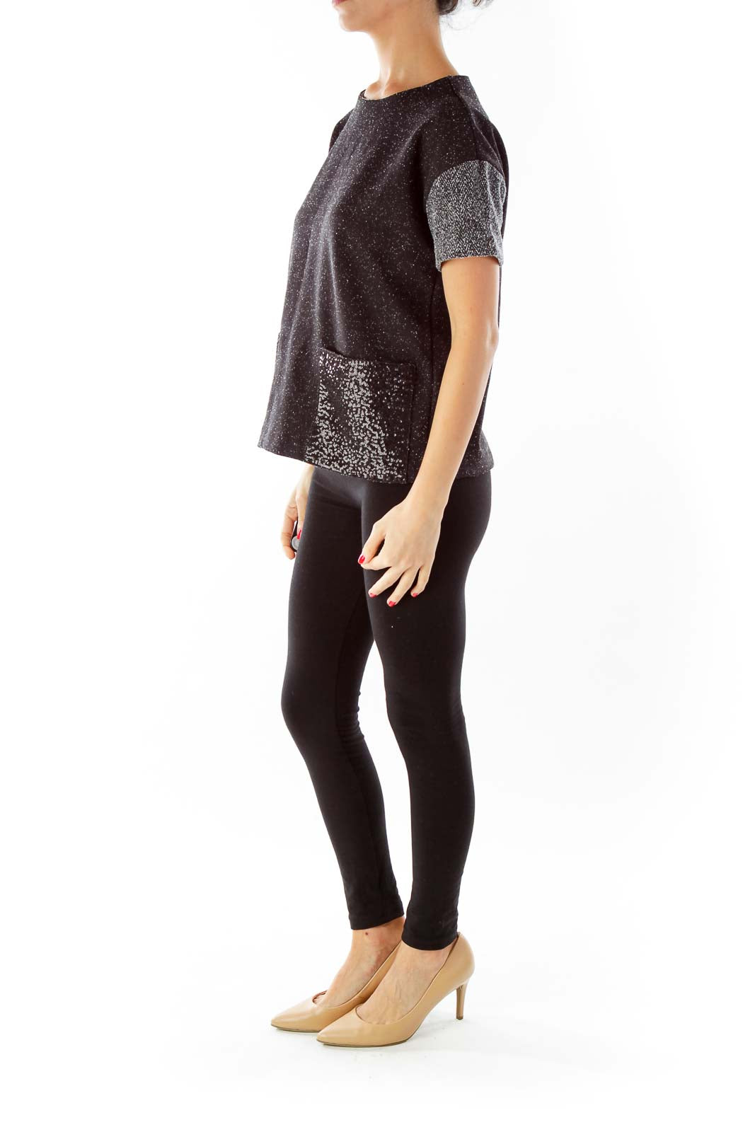 Black Gray Sequin-Pocketed Mottled Top