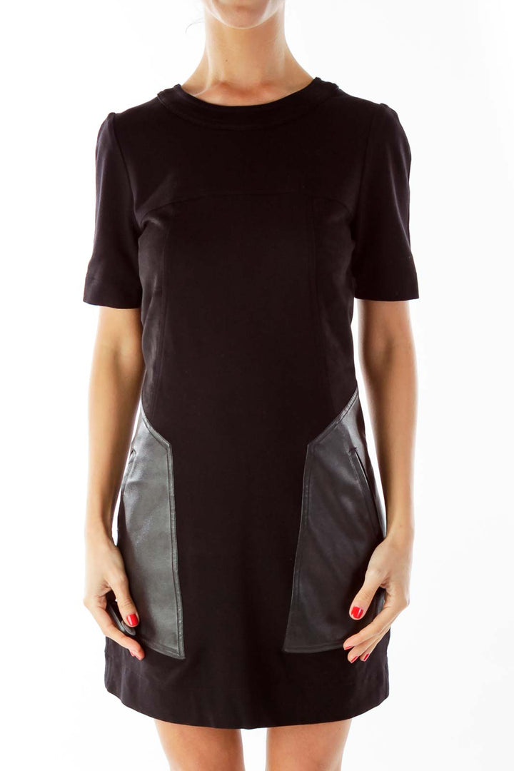 Black Swede Faux-Leather Pocketed Dress