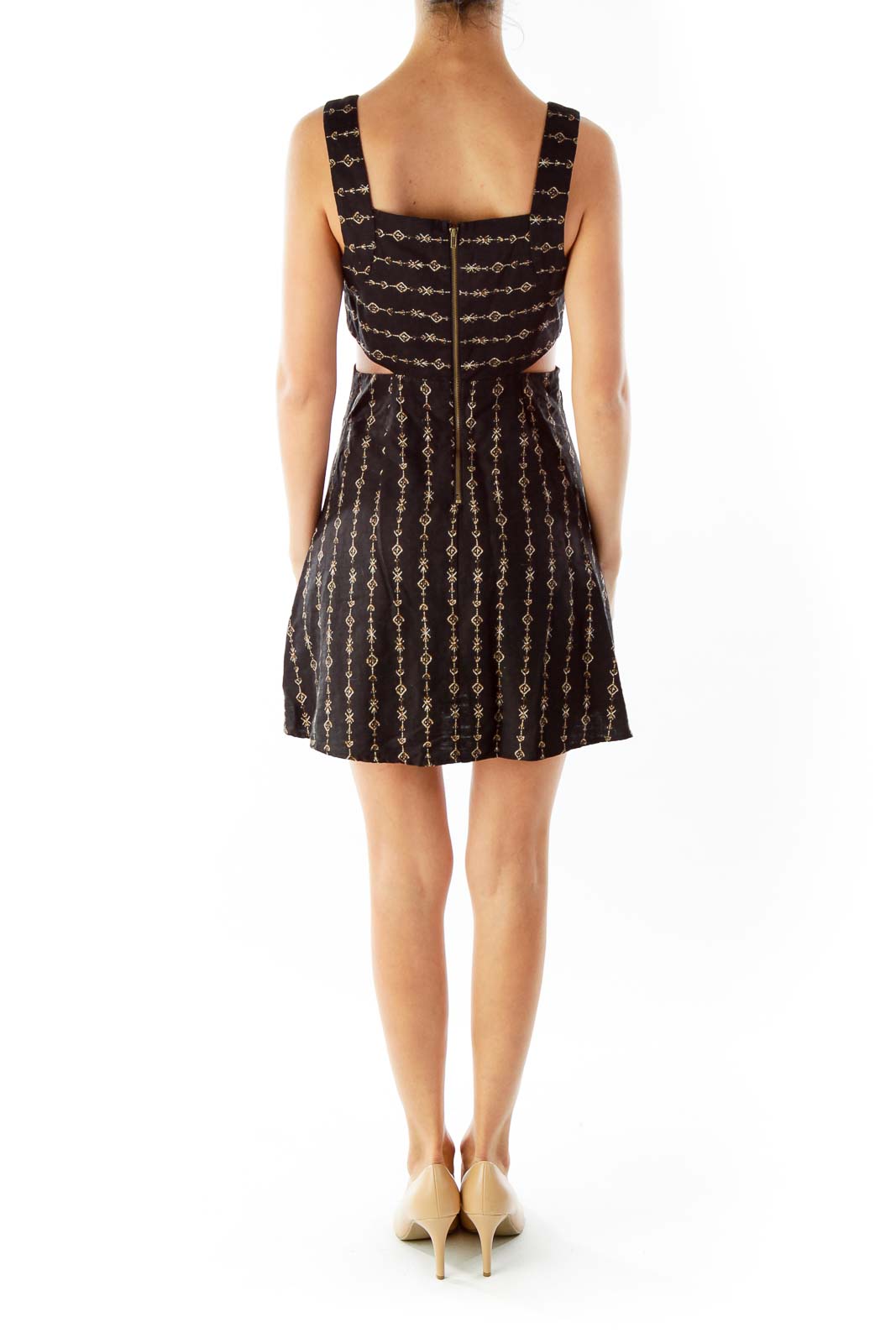 Black Beige Tribal Print Cut-Out Day Dress