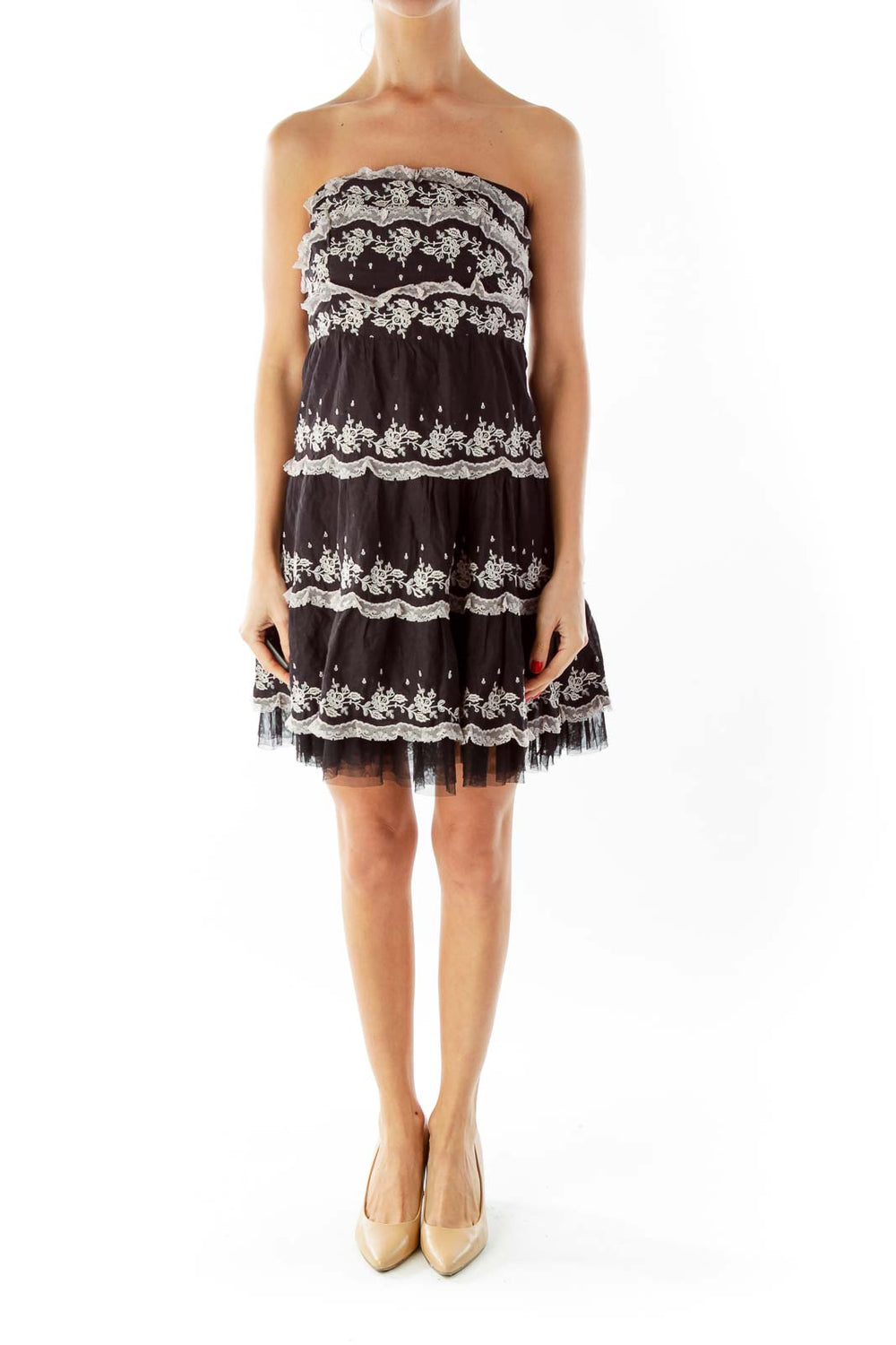 Front view of Free People black lace tiered strapless mini dress with white floral detailing