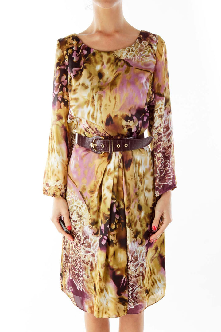 Purple Brown Print Belted Dress