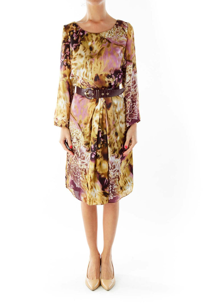 Purple Brown Print Belted Dress