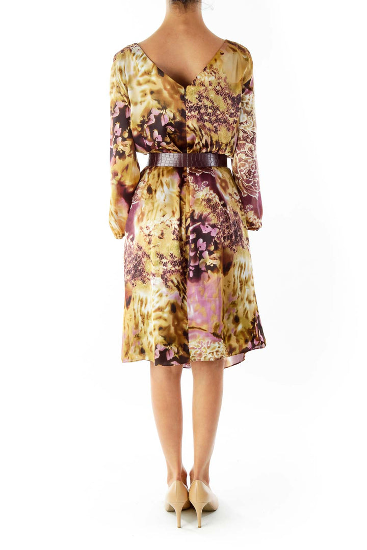 Purple Brown Print Belted Dress