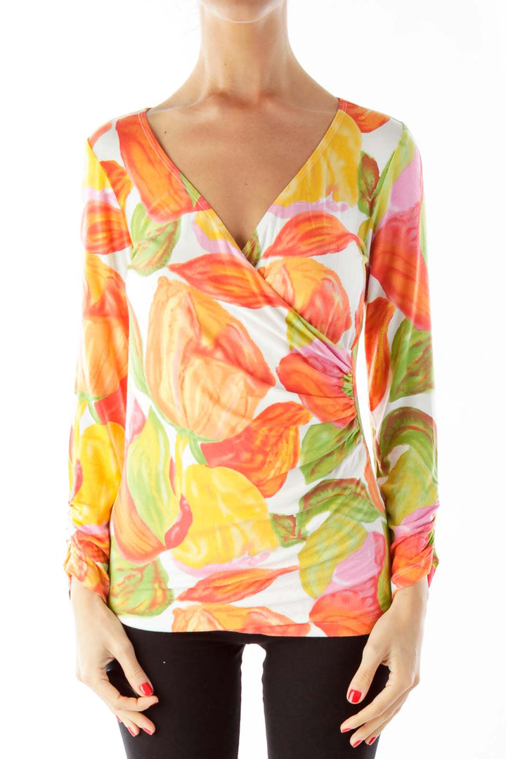 Orange Floral V-Neck Blouse