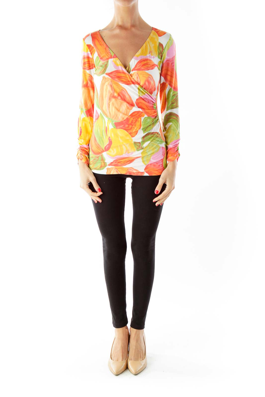 Orange Floral V-Neck Blouse