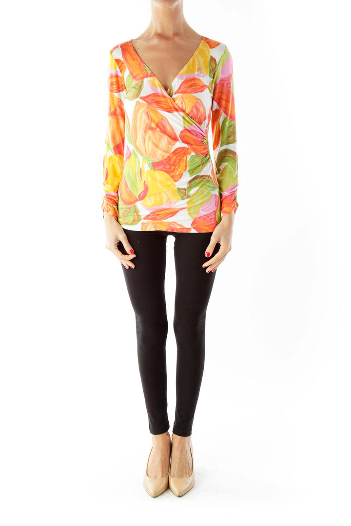 Orange Floral V-Neck Blouse