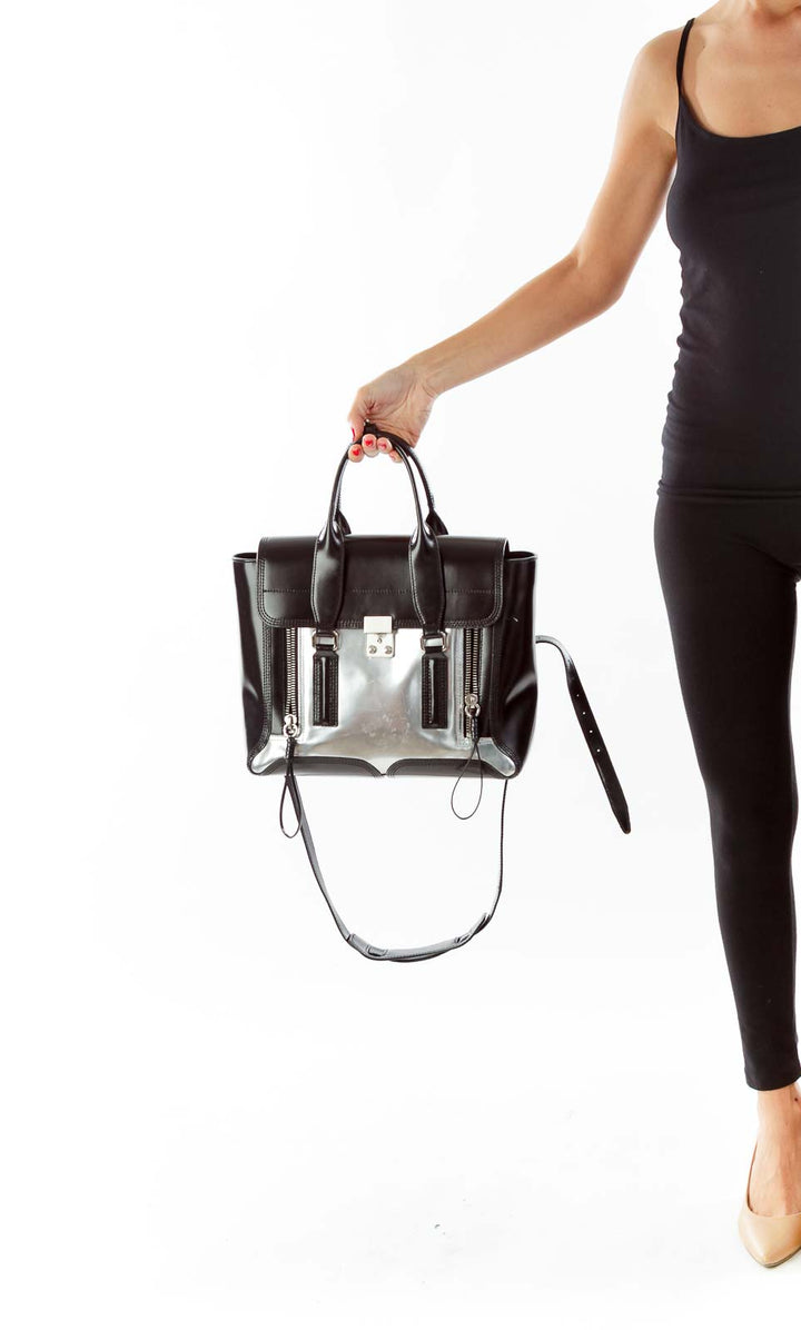 Black Silver Zippered Satchel