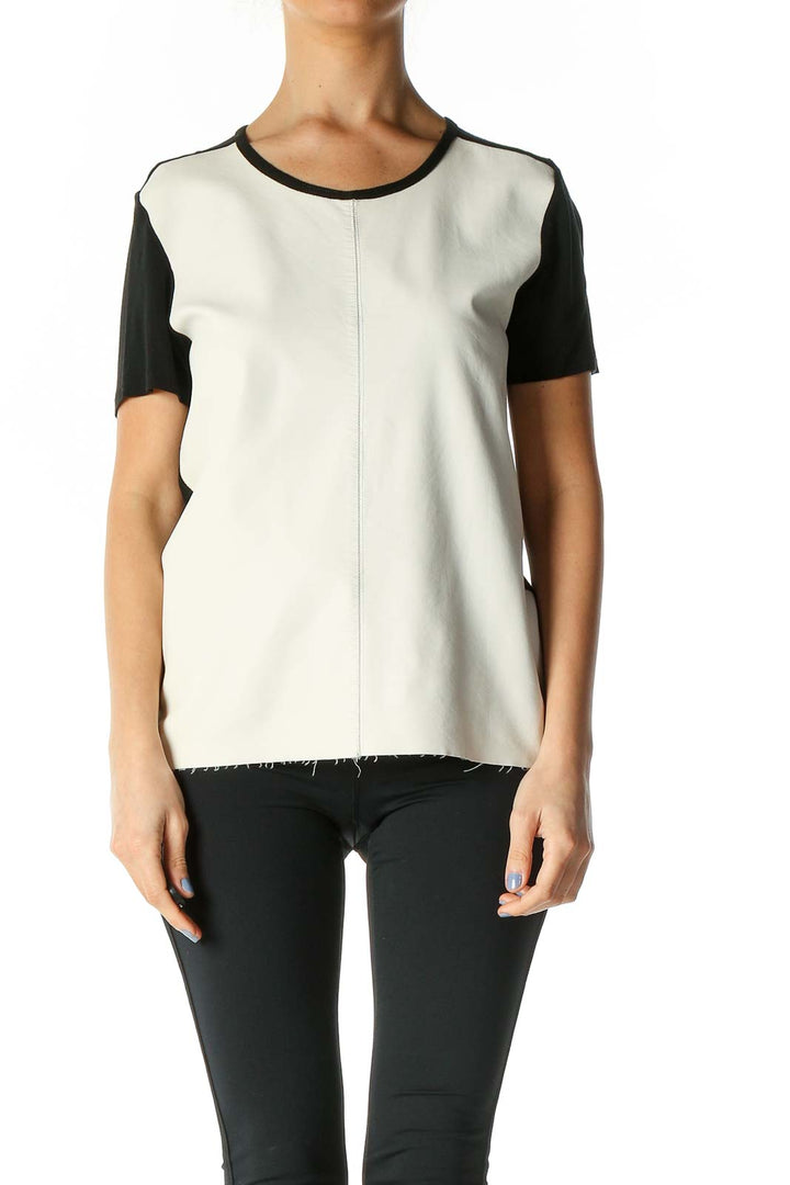 Cream Black Faux-Leather Blouse