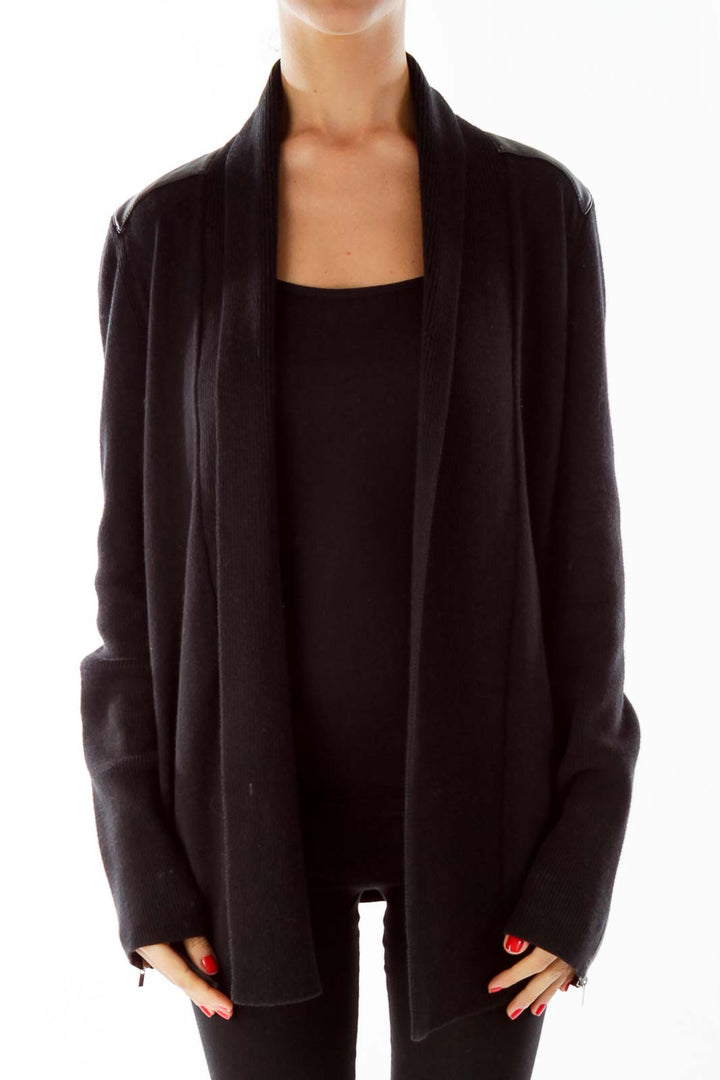 Black Faux-Leather Shoulder Detail Cardigan