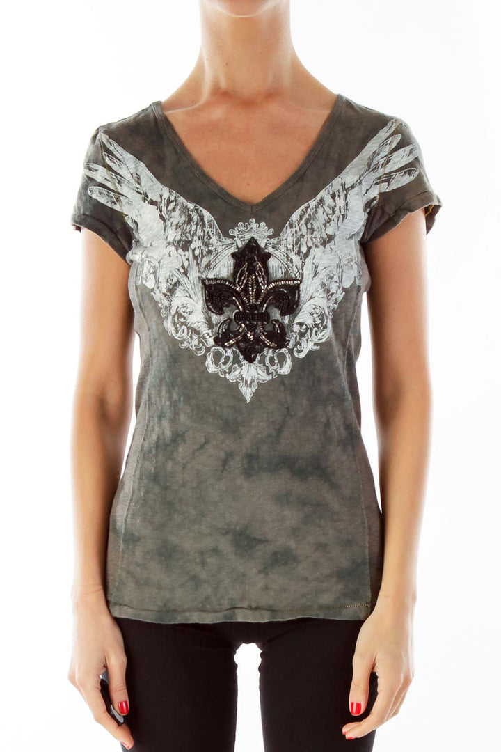 Gray Print Beaded Graphic Tee