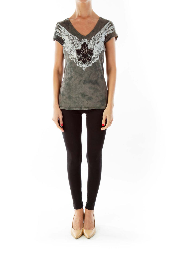 Gray Print Beaded Graphic Tee