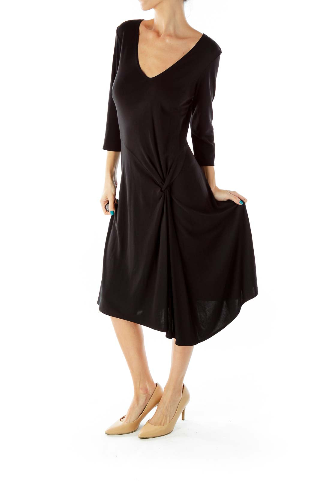 Black Knotted Round Neck Work Dress