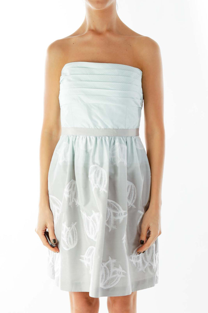 Green Gray Strapless Embroidered Striped Cocktail Dress