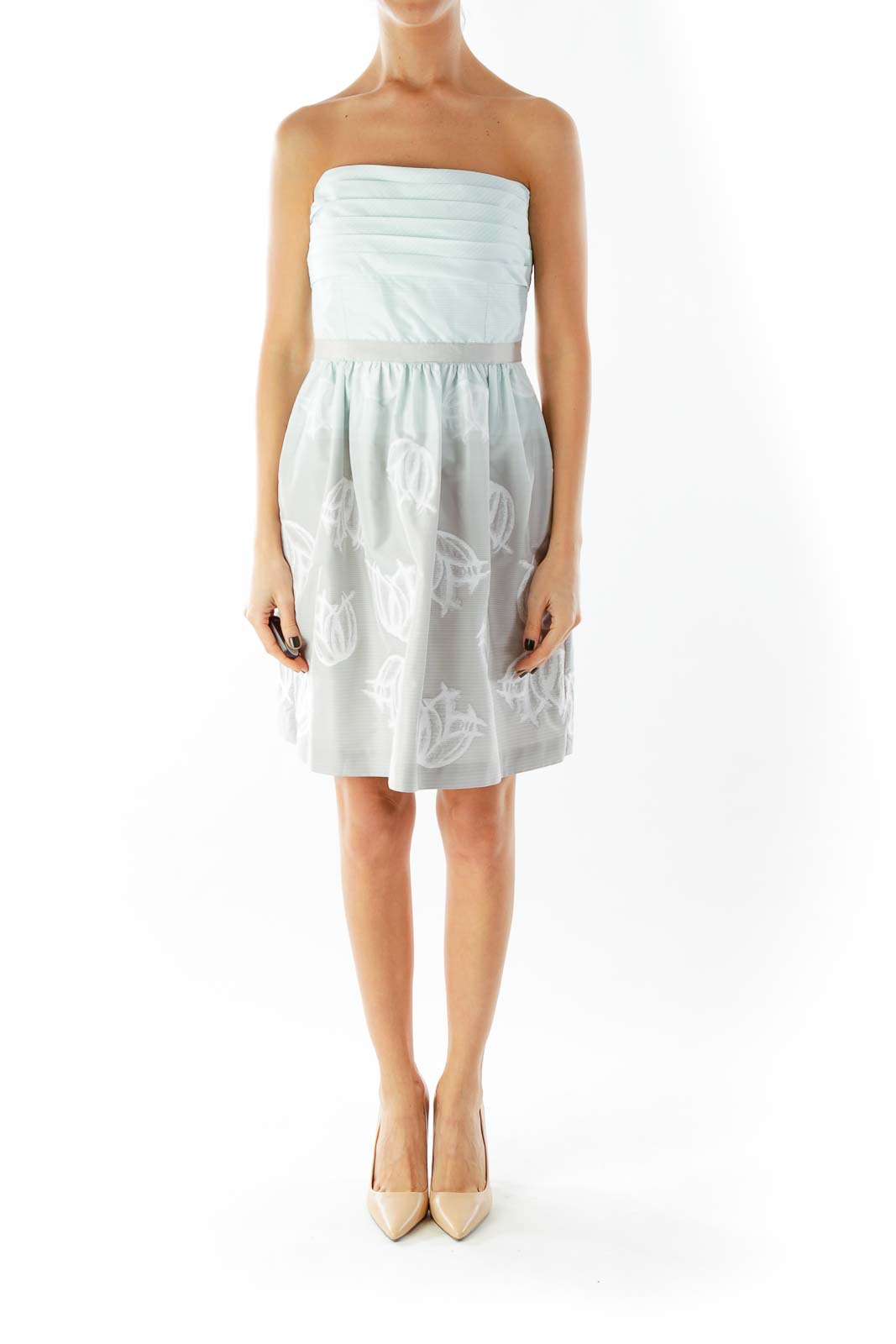 Green Gray Strapless Embroidered Striped Cocktail Dress