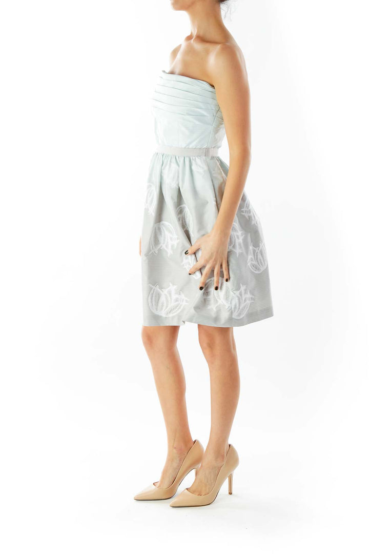 Green Gray Strapless Embroidered Striped Cocktail Dress